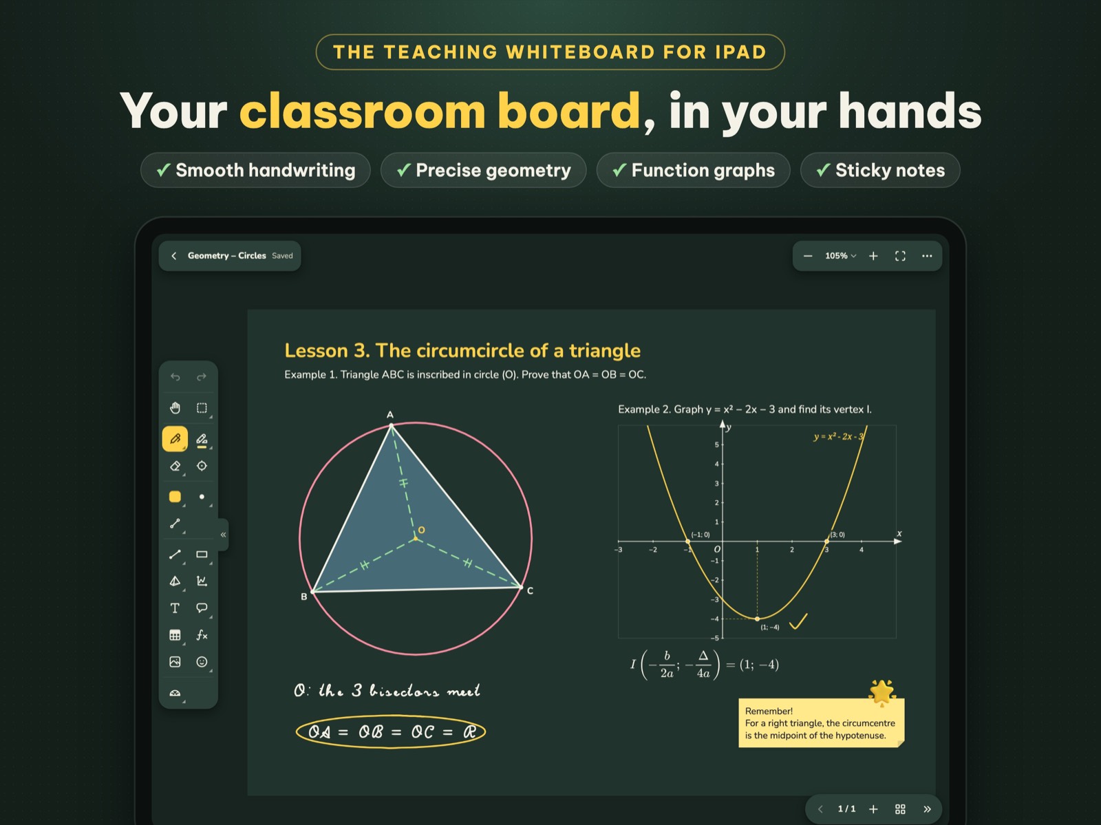 NoteHero on iPad: handwriting, geometry and sticky notes on one page
